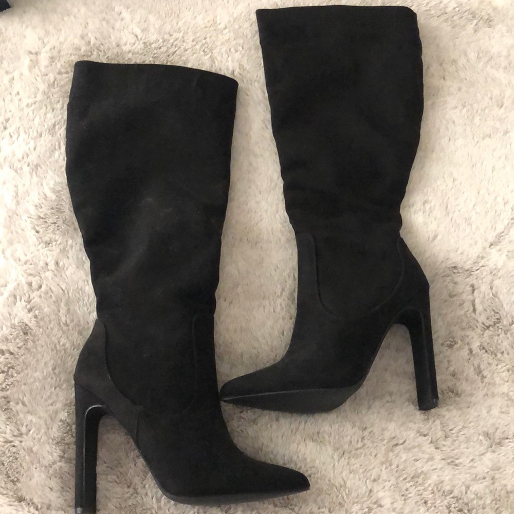 Black suede material knee high boots